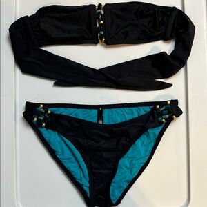 VIX Paula Hermanny Elegant Black and Teal Bikini Set. Top (M) and Bottom (L)
